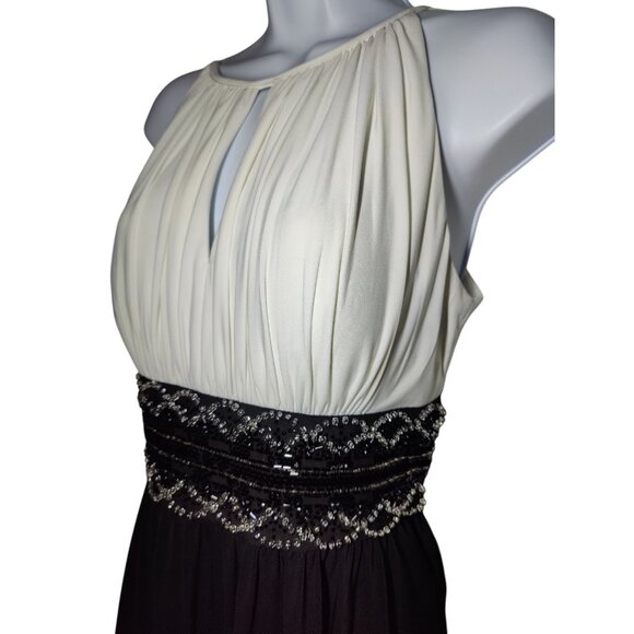R&M Richards Ivory & Black Tie-Back Halter Midi Dress W Beaded Waist 8 - Picture 6 of 11